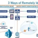 Diagram illustrating three methods of remote drone identification: Standard, Limited, and FAA-Recognized. Includes elements like internet, drone pilot, public, and law enforcement.