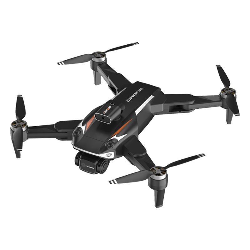 A black quadcopter drone with orange accents and a camera on the front, displayed against a plain white background.