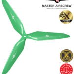 Green three-blade drone propeller by Master Airscrew with logos indicating X Power, X Class, and factory balanced features.