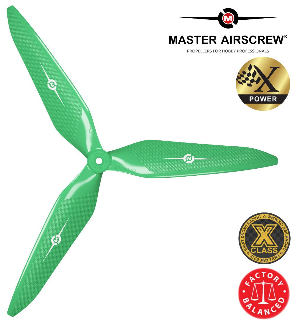 Green three-blade drone propeller by Master Airscrew with logos indicating X Power, X Class, and factory balanced features.