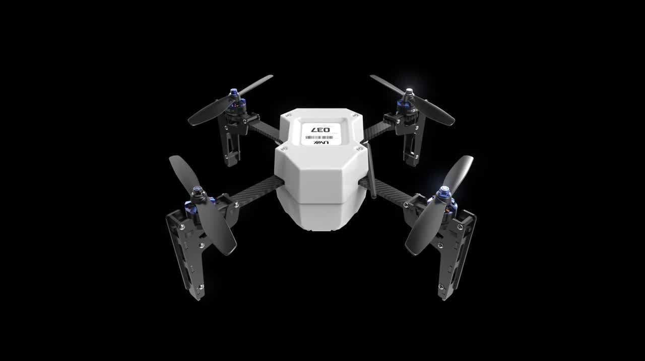 A compact quadcopter drone with four rotor blades is shown against a black background.