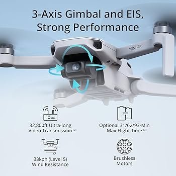 A drone with text overlay highlighting features: 3-axis gimbal, EIS, 32,800 ft video range, up to 93-min flight time, 38 kph wind resistance, and brushless motors.