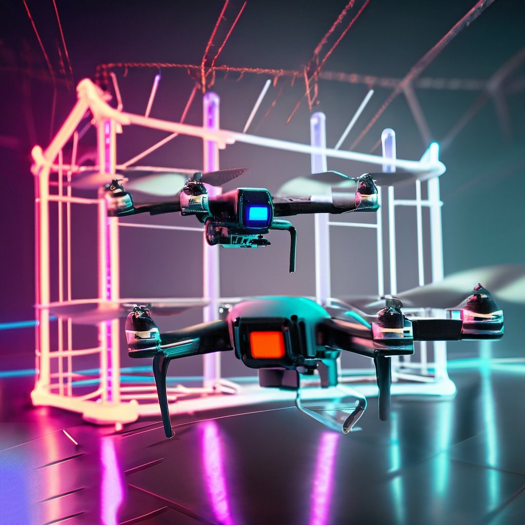 Two drones hover in front of a glowing geometric structure with neon lights in a dimly lit environment.