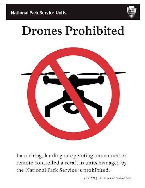 Sign indicating drones are prohibited in National Park Service units, featuring a crossed-out drone icon and text detailing the ban on unmanned aircraft.