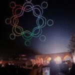 Colorful circular pattern of lights in the night sky above a crowd, with some people taking photos.