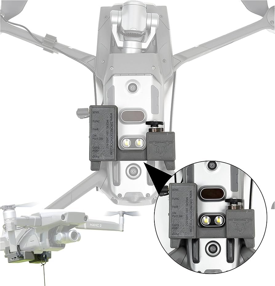 A drone with a dual speaker audio system attached to its underside is shown. An inset highlights the speaker details.