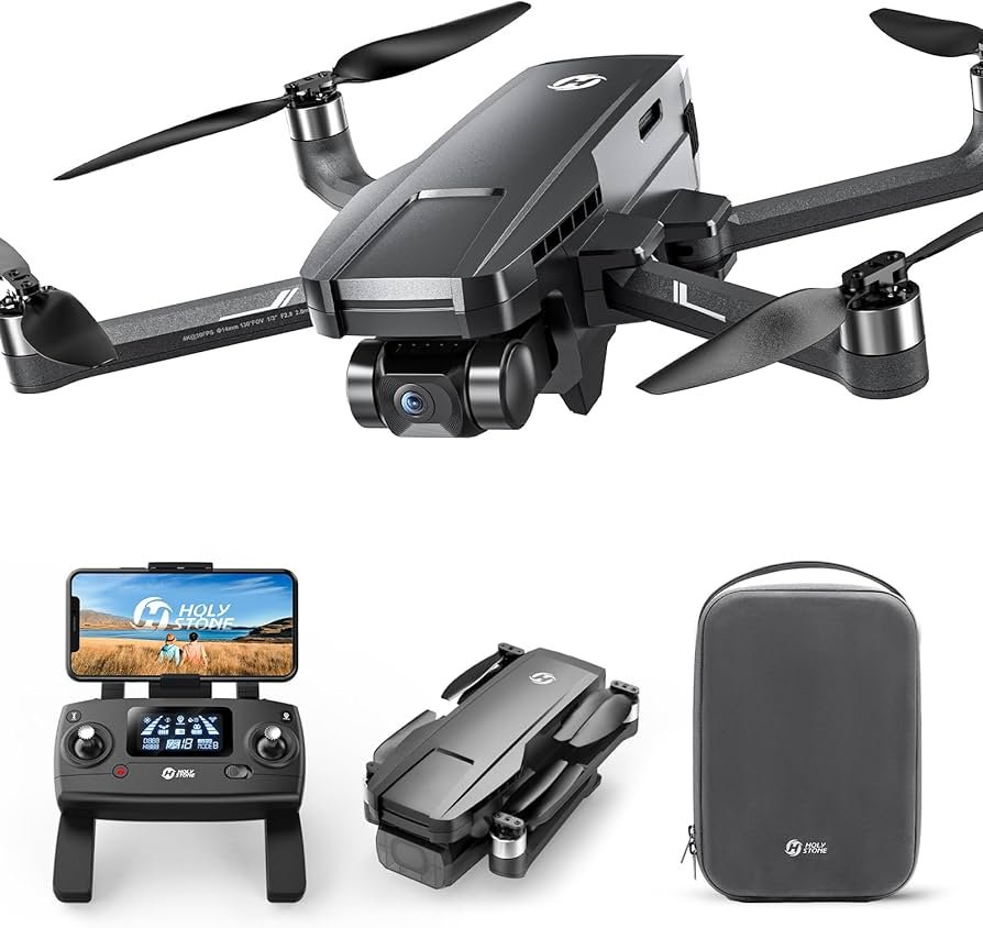 A foldable drone with a camera, remote control with screen, and carrying case.