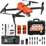 Orange drone kit with remote ID, remote control screen, carrying case, extra propellers, batteries, and accessories displayed.