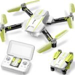 A white and green drone with folded and extended views, alongside its remote control.