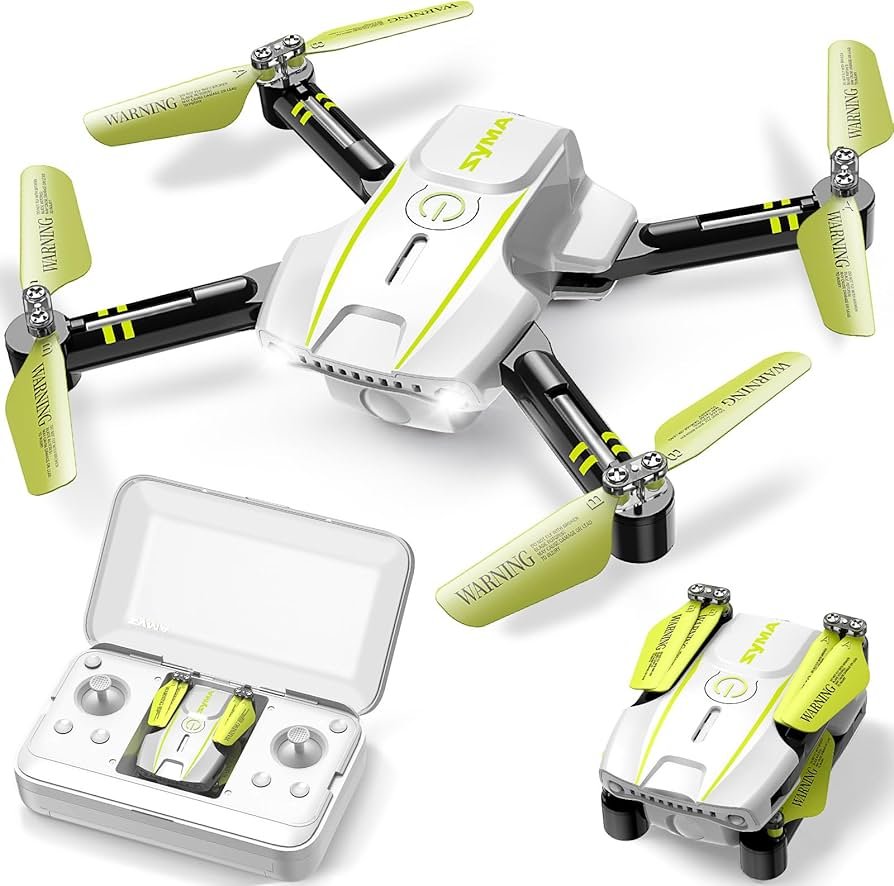 A white and green drone with folded and extended views, alongside its remote control.