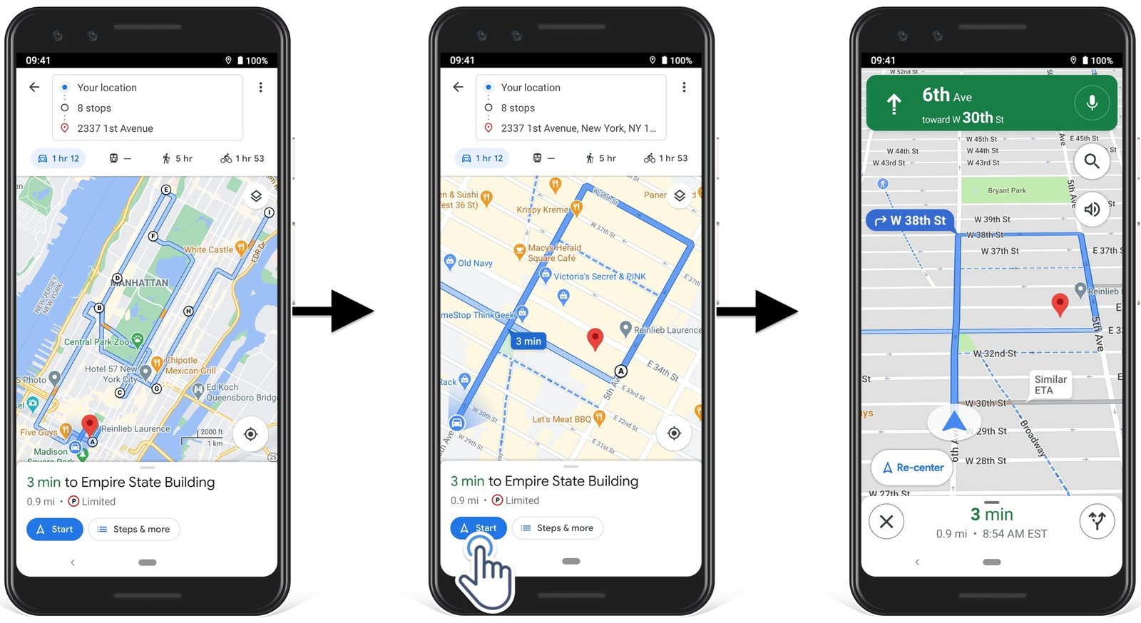 Three smartphone screens showing step-by-step navigation on a map app with directions to the Empire State Building.