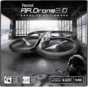 Box cover of Parrot AR.Drone 2.0 Elite Edition, featuring the drone design and app store logos for compatibility.