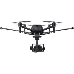 Drone with four propellers and a mounted camera, captured from the front view, on a white background.