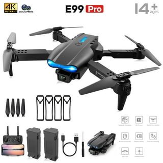 E99 Pro 4K drone displayed with accessories including propellers, bags, controller, batteries, and charging cable against a white background. Suitable for ages 14 and up.