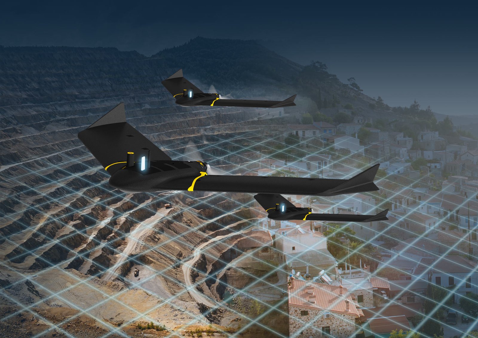 Three drones fly over a landscape combining a grid overlay. The background features a residential area and mountainous terrain.