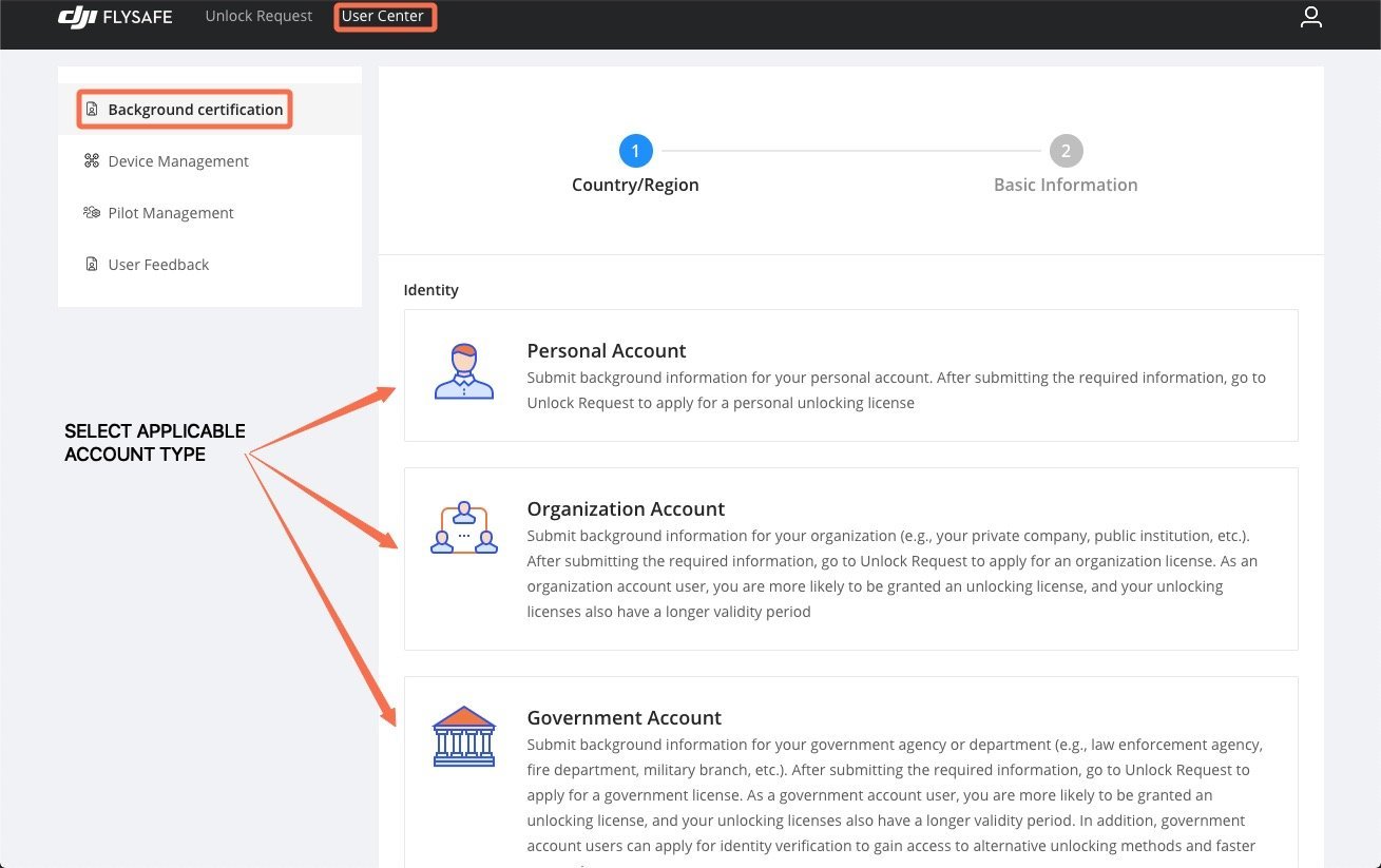 User Center interface for account selection, showing options for Personal Account, Organization Account, and Government Account with descriptions and submission instructions.