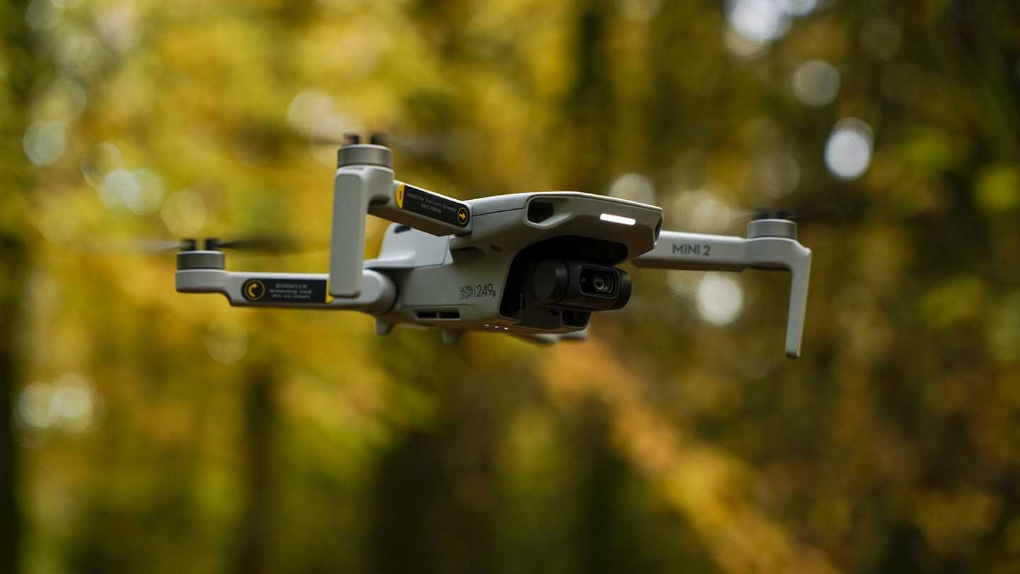 A DJI Mini 2 drone flying outdoors against a blurred background of trees.