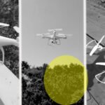 Three images of a drone in various settings with colored circles (red, yellow, blue) overlaid on each photo.