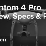 Black and white image of a drone with text: "Phantom 4 Pro Review, Specs & Price," and "Research.