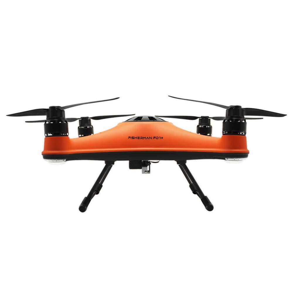 Orange drone with four propellers and landing gear, labeled "Fisherman FD1+" on the front, displayed against a white background.