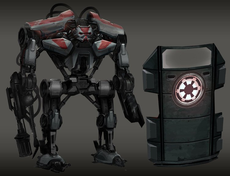 A futuristic robot with red and gray armor stands next to a large green shield featuring a circular emblem.