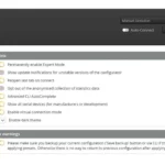 Betaflight configurator window showing options such as Expert Mode, AutoComplete, serial devices, and a toggle for dark theme. There are warnings about backing up current configurations.