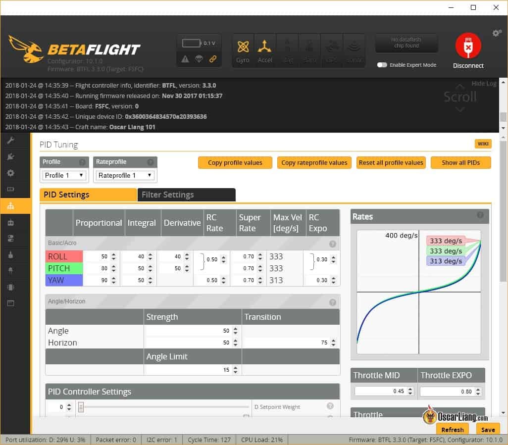 Screenshot of the Betaflight configurator interface, displaying PID tuning settings and graphs for roll, pitch, and yaw adjustments on a drone.