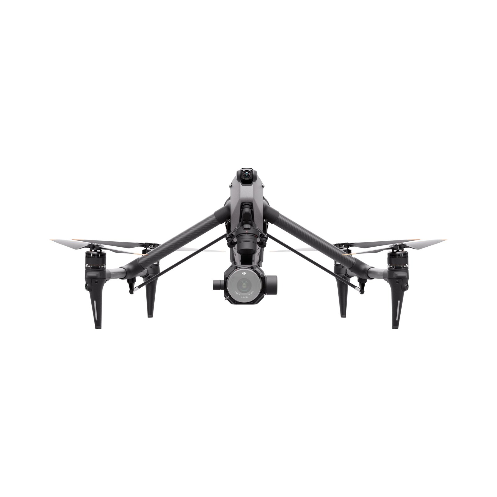Front view of a black quadcopter drone with a camera attached, displaying its four propellers and landing gear.