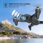 Drone with a camera hovering in the air, featuring an exploded view of its lens components, against a scenic background of mountains and a lake. Text highlights 1080P HD FOV Wi-Fi camera features.