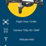 Infographic of the Tello drone, highlighting features: 13 min flight time, 720p HD 12MP camera, altitude hold, one-tap lift/auto land, throw & fly, and flip in 8 directions.