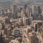 Aerial view of a city with modern skyscrapers and various buildings under a clear sky.