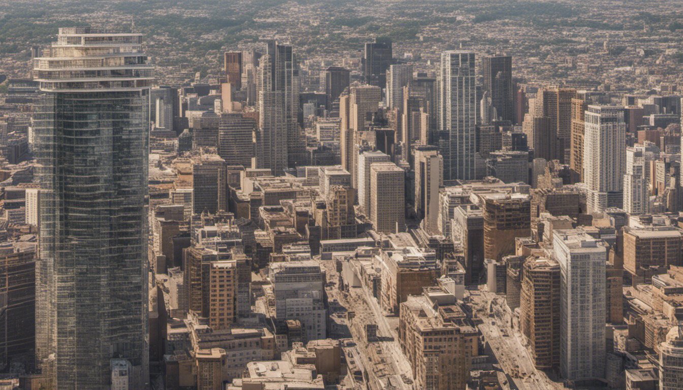 Aerial view of a city with modern skyscrapers and various buildings under a clear sky.