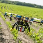 A drone equipped with a camera hovers over a field with green crops, capturing aerial footage.