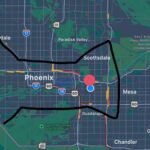 Map highlighting areas in and around Phoenix, Scottsdale, Mesa, and Chandler, Arizona.