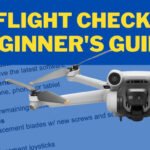 Image of a drone and a preflight checklist titled "Beginner's Guide," highlighting firmware updates, battery charge, micro SD, prop blades, and joysticks.