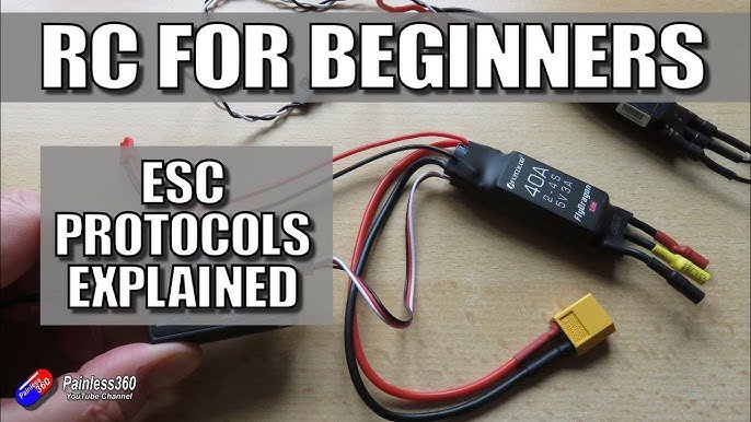 Image shows electronic components for RC vehicles, including wires and an ESC (Electronic Speed Controller), with text saying "RC for Beginners" and "ESC Protocols Explained.