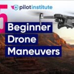 Drone flying over a canyon with text overlay: "15 Beginner Drone Maneuvers" and "Pilot Institute" logo.