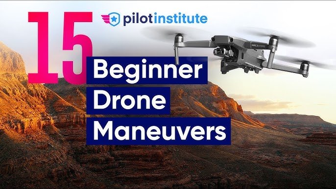 Drone flying over a canyon with text overlay: "15 Beginner Drone Maneuvers" and "Pilot Institute" logo.