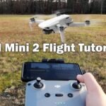 Drone flying over a grassy field with a person holding a remote controller and smartphone. Text reads "DJI Mini 2 Flight Tutorial.