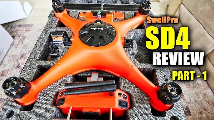 Orange SwellPro SD4 drone in a foam case with remote controller; text reads "SwellPro SD4 Review Part - 1".