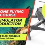 Promotional image for a DJI drone flying course, featuring a drone and a pie chart highlighting an 80/20 training approach. Text mentions UK training and learning to fly in one hour.