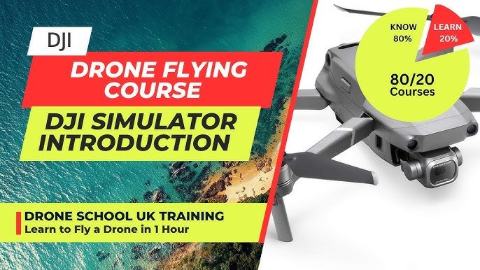 Promotional image for a DJI drone flying course, featuring a drone and a pie chart highlighting an 80/20 training approach. Text mentions UK training and learning to fly in one hour.