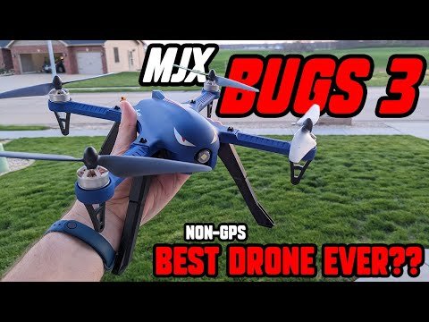 Person holding a blue MJX Bugs 3 drone with text overlay: "NON-GPS BEST DRONE EVER??" on a lawn backdrop.