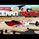 RC airplane on a runway with text "Beginner Series: Learn to Fly an R/C Airplane.