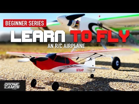 RC airplane on a runway with text "Beginner Series: Learn to Fly an R/C Airplane.