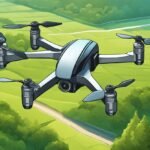 A drone with four propellers flies over a green landscape with fields and trees visible below.