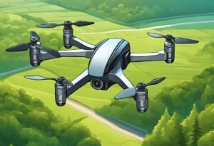 A drone with four propellers flies over a green landscape with fields and trees visible below.