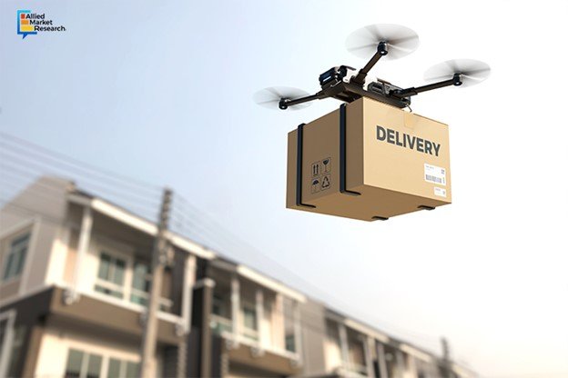 A delivery drone carries a package labeled "DELIVERY" above residential buildings against a clear sky.