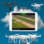 A tablet displaying a drone view is surrounded by various drones against a cloudy blue sky background.