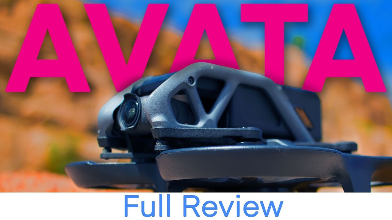 Close-up of a drone camera with the word "AVATA" in pink above and "Full Review" in blue letters below, set against a blurred natural background.